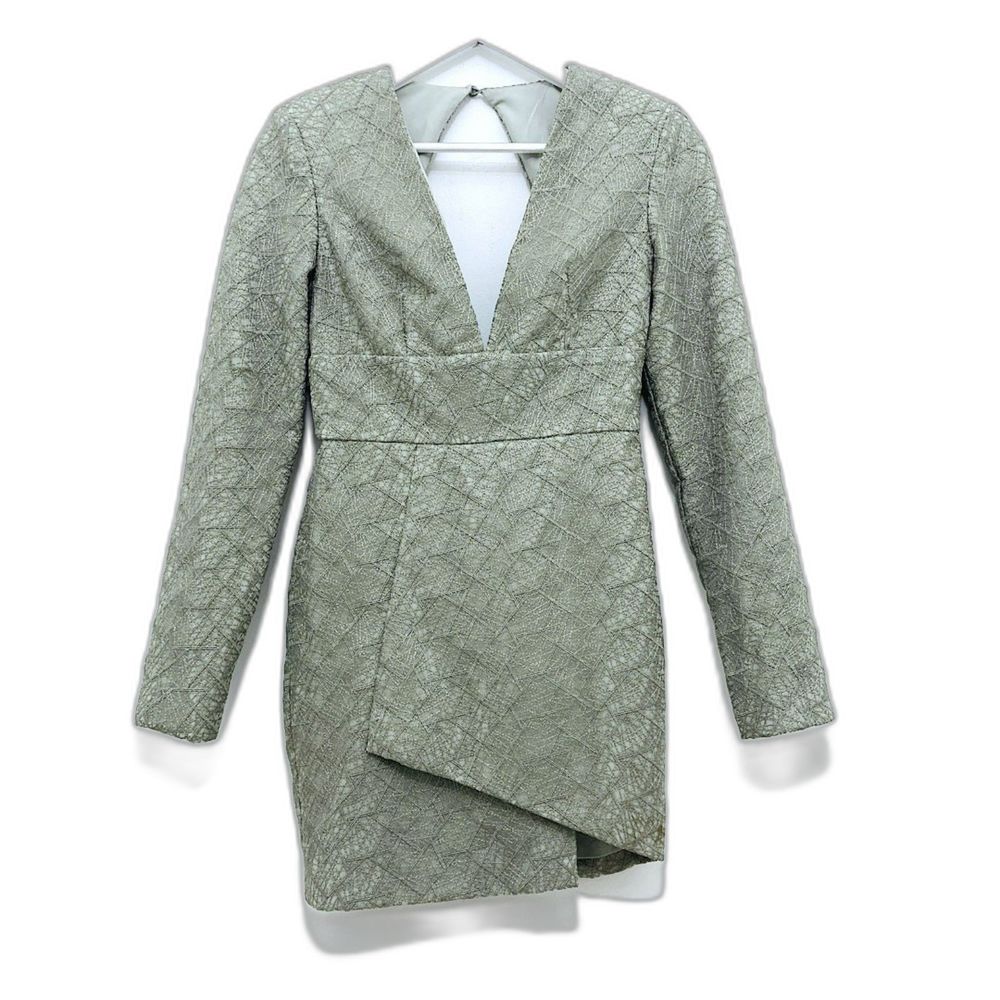 Misha Collection Metallic Sage Gray Lace Luxury Natasha Mini Dress Size 4 - Picture 3 of 16